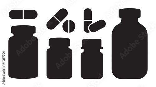 Medical Bottles and Pills Silhouette in Simple Flat Design with Black Color on White Background for Healthcare Icon