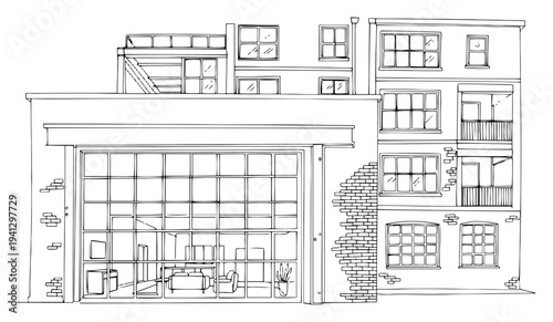 Industrial loft apartment building with large glass garage door and exposed brick vector line art