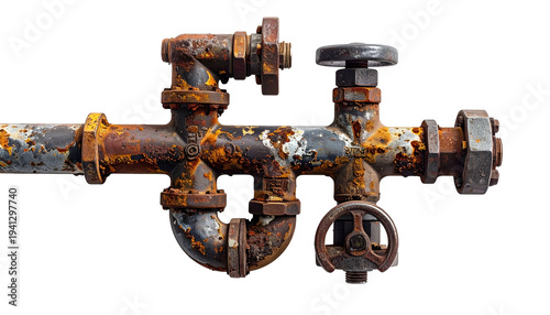 Severely rusted, aged metal pipes with valves, fittings, and bolts, isolated on black