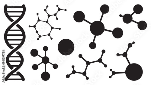 Molecular structures in minimalist design with black silhouettes on white background for scientific illustration