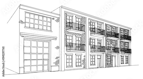Brick warehouse converted into residential loft apartments line art vector