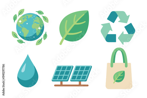 Eco Friendly and Green Energy Concept Set, Sustainable Living Icons Clipart, Renewable Solar Power and Recycling Vector