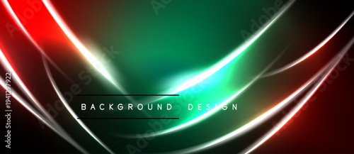 Abstract neon background. Vibrant red, green hues blend. Smooth curves create dynamic visual effect. Text reads background design.
