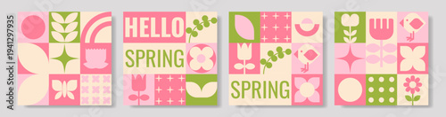 Muted spring geometric cards, fourpanel grid of square compositions with leafy icons, tulip silhouettes, small bird motif, rounded stars and polka dots,