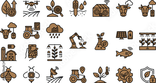 Smart agriculture technology icon set featuring drone monitoring soil sensors livestock farming renewable energy irrigation automation and crop analytics