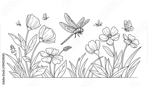 Garden flowers with dragonfly and butterflies vector illustration in hand drawn outline style with plants and grass for nature themed kids coloring page
