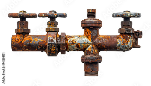 Close-up of heavily rusted industrial plumbing with valves against a black background