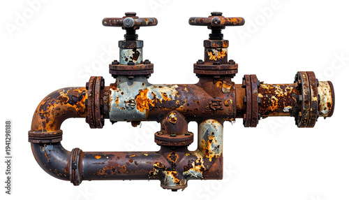 Heavily rusted industrial piping, valves and connections, isolated against black background
