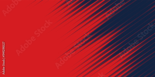 A dynamic abstract background features a bold contrast of red and navy blue separated by angled brush strokes, creating a visually striking and textured composition