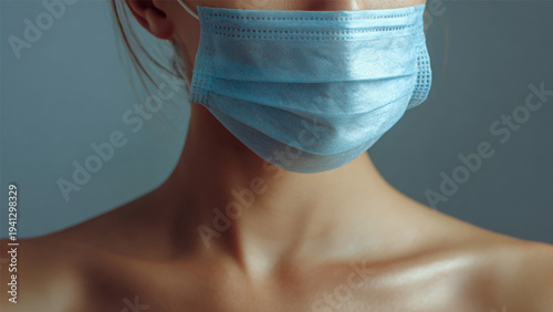 Close Up Woman Wearing Protective Mask For Health Safety And Medical Awareness