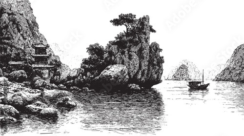 Hạ Long Bay, Vietnam illustration on a white background. This vector illustration can be used in any size you like for advertising, logos, and other work.
