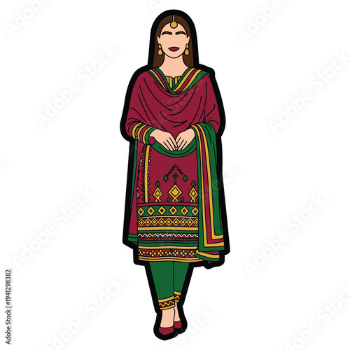 Woman in traditional Indian salwar kameez outfit with dupatta and jewelry