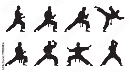Martial Arts Silhouettes in Various Dynamic Poses with High Contrast Lighting on White Background for Fitness Illustration