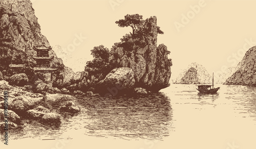 Hạ Long Bay, Vietnam illustration in a vintage style. This vector illustration can be used in any size you like for advertising, logos, and other work.
