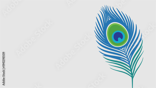 Minimalist Vector Illustration of a Bright Blue Peacock Feather with Eye Spot on Light Gray Background