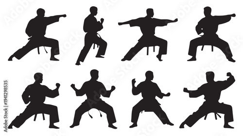 Martial Arts Silhouettes in Various Fighting Stances with Dynamic Movement in Black on White Background for Self Defense Illustration
