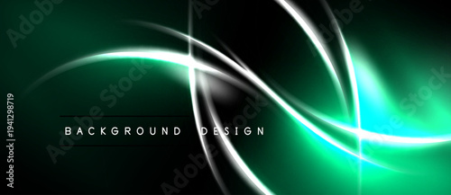 Dark green backdrop features bright white curves. Modern design evokes energy, motion, sleekness. Minimalist aesthetic suits digital projects.