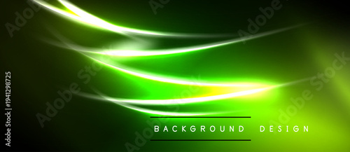 Dark background features vibrant green neon lines. Smooth curves create dynamic visual effect. Modern design element for digital projects.