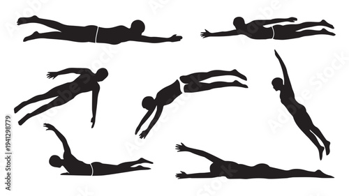 Silhouette of People Swimming in Various Poses with Dynamic Movement in Black on White Background for Fitness Illustration