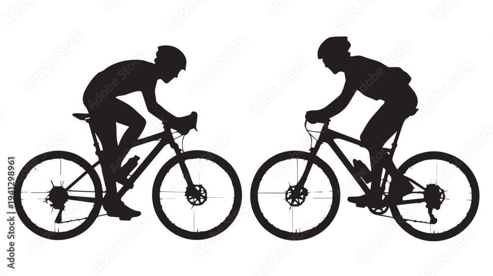 Fototapeta premium Cyclists in motion silhouette in dynamic pose with dramatic lighting on white background for sports illustration