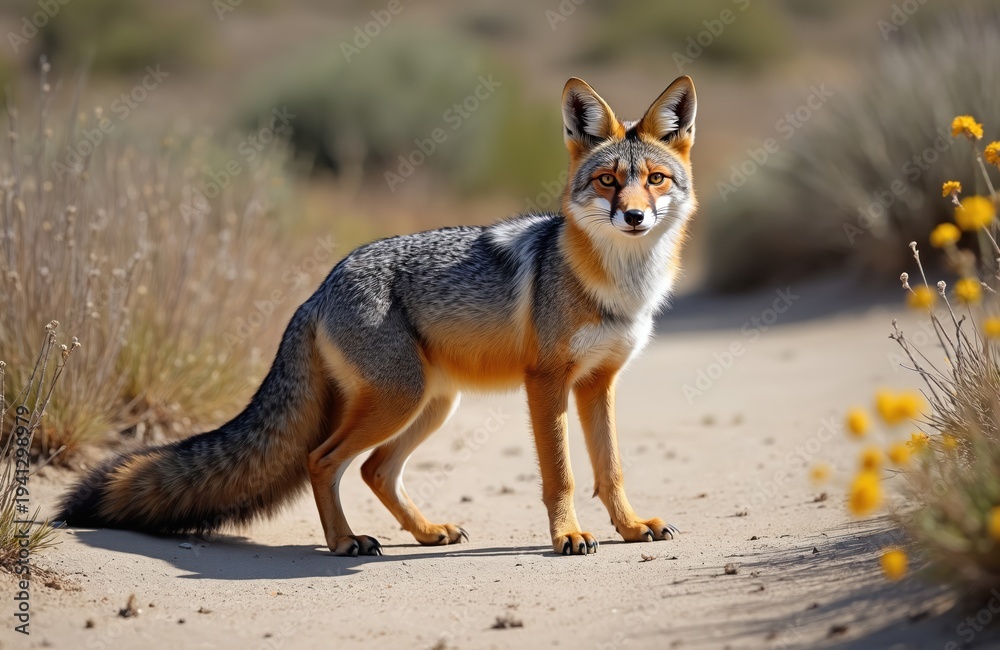 Fototapeta premium South American gray fox stands on dirt path in Patagonia, Argentina. This wild animal with orange fur and grey coat looks alert. Dry grasses and yellow wildflowers surround the fox.