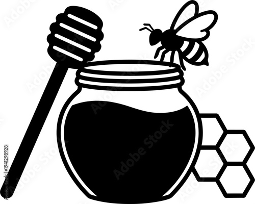 Honey jar with bee dipper and honeycomb silhouette