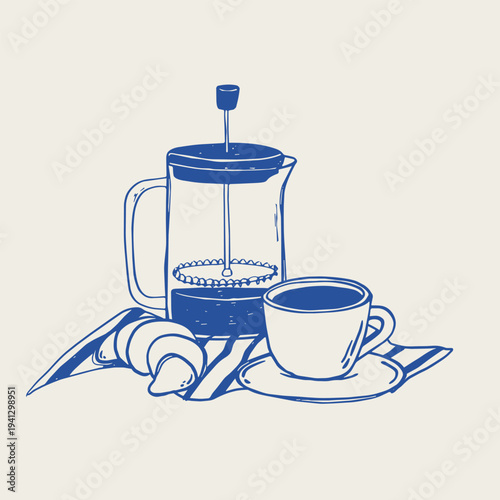 Retro coffee poster, banner, print with french press, espresso cup and croissant. EPS 10