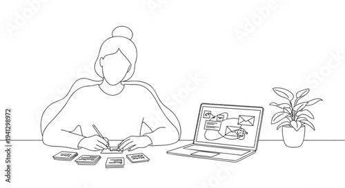 Vector illustration of woman working on laptop with phone and paperwork
