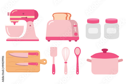 Photos Cute Pink Kitchen Appliances Set, Baking and Cooking Tools Clipart, Modern Kitch