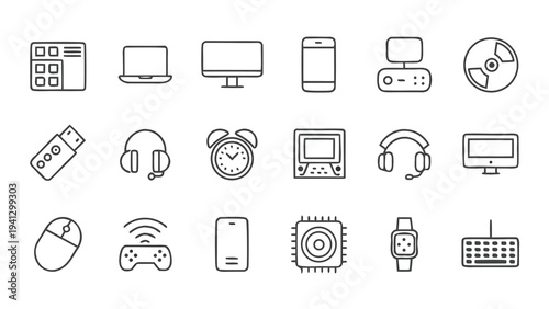 DEVICES - thin line vector linear icon. Pixel perfect. Editable outline stroke. The set contains icons: Desktop PC, Laptop, Digital Tablet, Smart TV, Smart Phone, Smart Speaker, Smart Wat