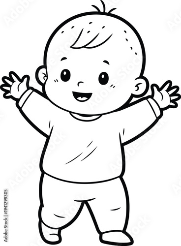 a delightful black and white illustration depicts a cheerful baby with arms outstretched expressing joy and innocence in a simple cartoon style