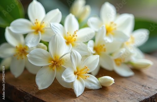 White jasmine flowers with yellow centers on a rustic wooden surface. Delicate petals unfurl, showcasing natural beauty and aroma. These blossoms are perfect for tea, spa, or cosmetic uses.