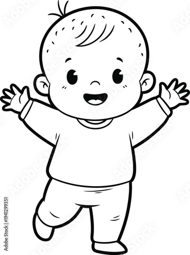 A cheerful illustration depicts a smiling baby with arms outstretched showcasing a joyful and innocent childhood moment in black and white