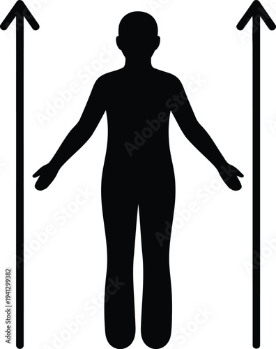 A simple black silhouette of a person standing with outstretched arms between two vertical arrows indicating height or growth high quality