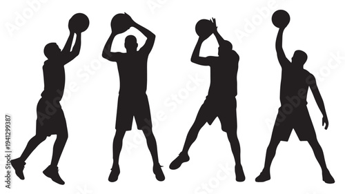 Basketball Players Silhouettes in Various Poses with Dramatic Lighting on White Background for Sports Illustration