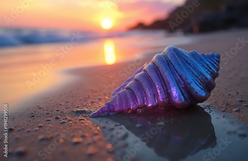Purple seashell rests on wet sand at sunset beach. Golden sun reflects on ocean water. Serene scene offers tranquil coastal vibe and natural beauty.
