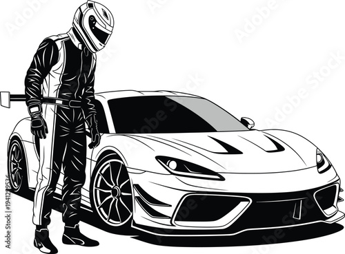 a stylish illustration depicts a racing driver leaning against a sleek sports car in a monochromatic style emphasizing speed and power