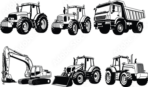 a detailed black and white illustration showcasing various heavy duty agricultural and construction machinery including tractors dump trucks and excavators