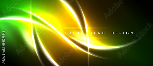 Bright abstract lines form dynamic composition. Green, yellow hues blend, creating energetic visual effect. Dark background emphasizes luminosity.