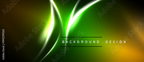 Abstract neon light waves. Vibrant green, gold hues blend into dark background. Modern design element for digital projects.