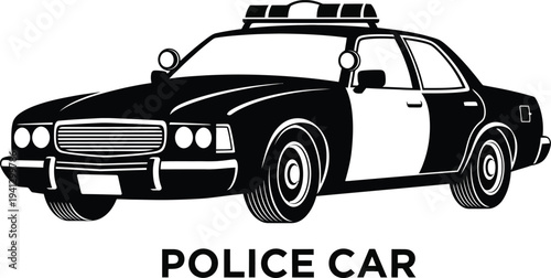 a classic black and white police vehicle is illustrated in a simple bold design showcasing its iconic form and function