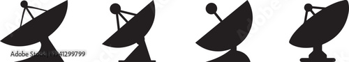 Black satellite dish antenna icons set showing space communication receivers and parabolic signal transmitters used for broadcasting, telecommunication and global network connectivity isolated on ligh