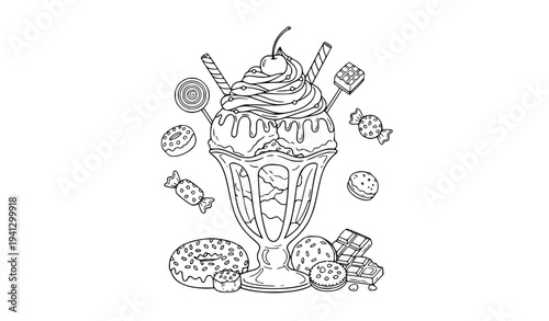 Ice cream sundae dessert in tall glass with whipped cream, cherry, wafers and candies vector illustration in cute outline style for coloring page