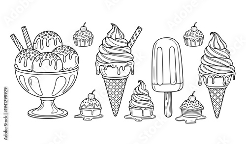 Ice cream dessert vector set with sundae bowl, waffle cones, popsicle and cupcakes in cute outline cartoon style for kids coloring page