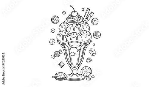 Ice cream sundae dessert in glass with scoops, whipped cream, cherry and wafer rolls vector illustration in cute outline style for coloring page