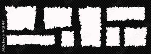 Torn sheets pieces of paper stripes torn edge set. Ripped collage set of shapes transparent background. Ripped heart, oval, rectangle clip art. Ripped paper note border grunge brush stroke