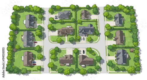 Aerial View of Suburban Neighborhood with Houses, Green Lawns, and Trees
