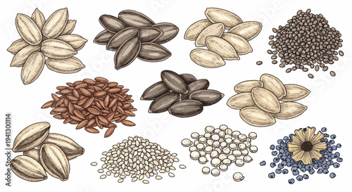 Assortment of Healthy Seeds Collection: Sunflower, Pumpkin, Flax, Lentils, Peas, and more