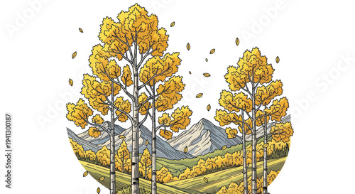 Golden Aspen Trees in Autumn Landscape with Mountains