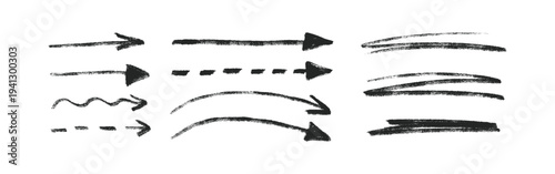 Arrows and underlines textured pencil elements. Set of hand drawn vector highlighting graphics.